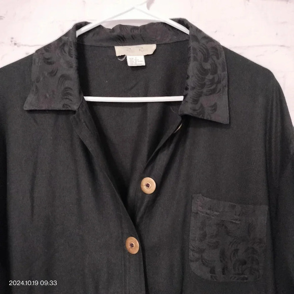 Paul Reid Sz 2/LG Women's Silk Black Jacket Shacket Cuff long Sleeves Floral - Picture 2 of 8